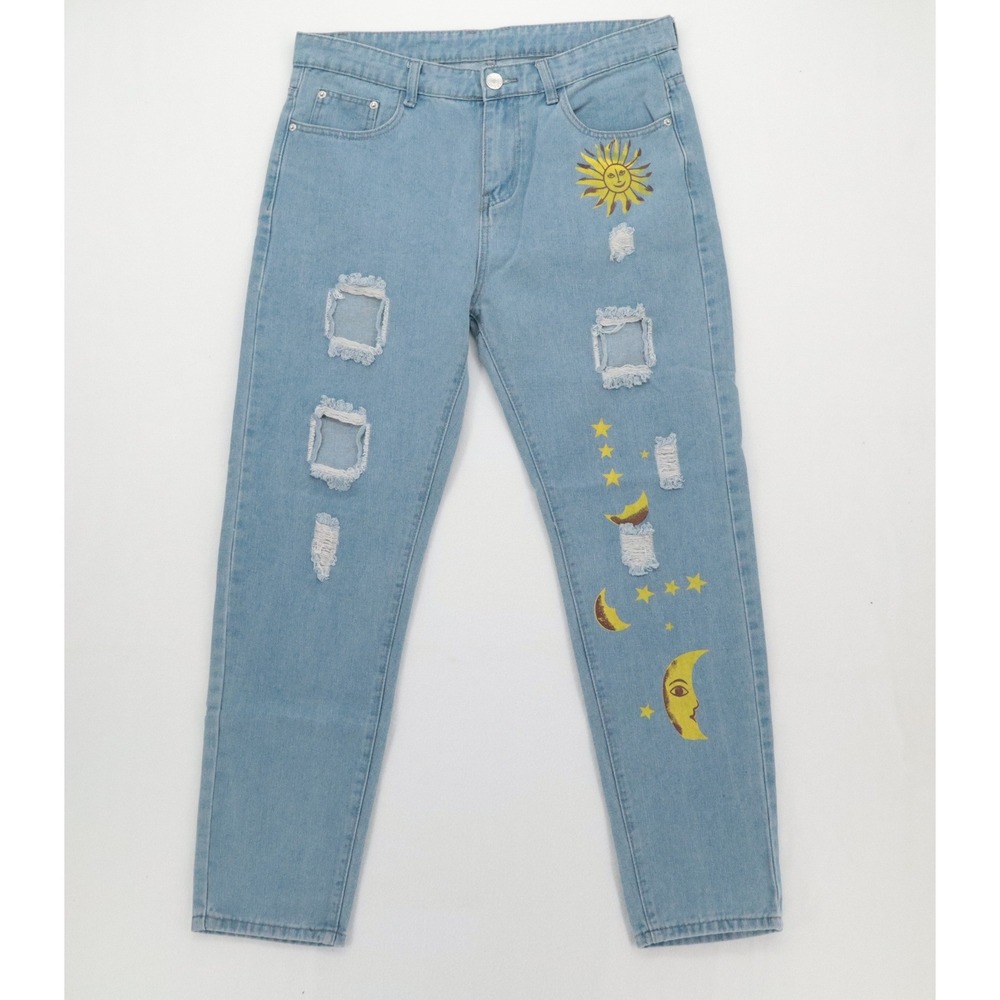 Romwe Mens Size 34x30 Celestial Sun Moon Stars Distressed Light Wash Denim Jeans